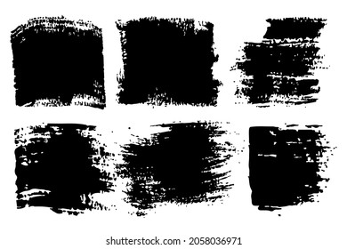 Conjunto vectorial de pinceladas de pincel Color negro sobre fondo blanco. Elementos de grano pintados a mano. Dibujo de tinta. Diseño artístico sucio . Lugar de texto, presupuesto, información, nombre de la empresa.