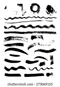 Vector set of brush strokes. Collection of design elements. Grunge vector brush strokes. Figured brush strokes brush and ink