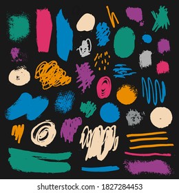 Vector set of brush strokes, colorful splashes. Brush, pen, marker, chalk. Abstract grunge modern textured brush strokes. Dry brush. Hand drawn, isolated