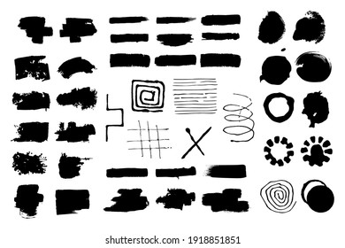 Vector set with brush strokes, texture hand drawn illustration. Black spot on the white background.