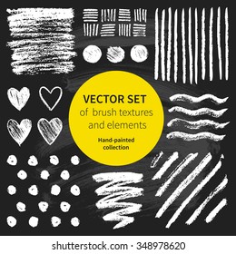 Vector set of brush textures and elements on chalkboard. Hand-painted collection