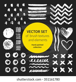 Vector set of brush textures and elements on chalkboard. Hand-painted collection