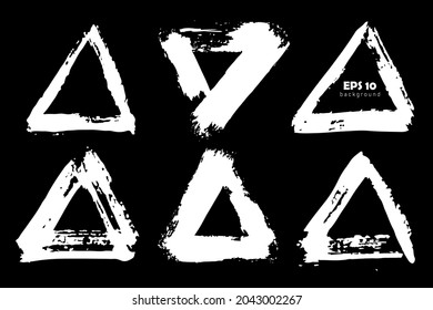 Vector Set of brush triangle strokes White color isolated on Black background. Hand painted grange Pluse elements. Dirty artistic design . Place for text, quote