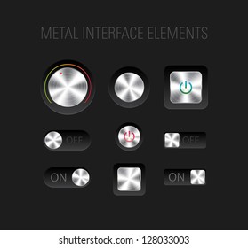 Vector set of brushed metallic interface elements on black background