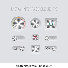 Vector set of brushed metallic interface elements on light gray background