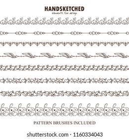 Vector set of brushes or dividers in vintage style. Bunny, arrows, hearts, tulip, angel wings, flowers, leaves, cute elements in Valentine’s day symbols. Hand drawn art, vector brushes included