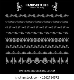 Vector set of brushes, dividers in vintage style. Wave arrows, hears, doves, cute birds and flowers elements in Valentine’s day symbols. Black and white chalkboard art. Brushes included, set 5
