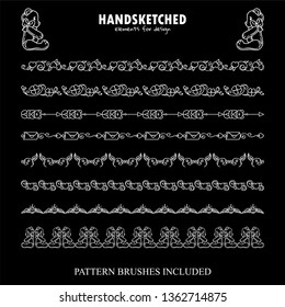 Vector set of brushes, dividers in vintage style. Flowers, hearts, bears, letters, cupids with wings tiny elements in Valentine’s day symbols. Black and white chalkboard art. Brushes included, set 2
