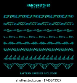 Vector set of brushes or dividers in vintage style. Flowers, hearts, arrows, roses, swans, birds tiny elements in Valentine’s day symbols. Blue neon color on black. Brushes included, set 3