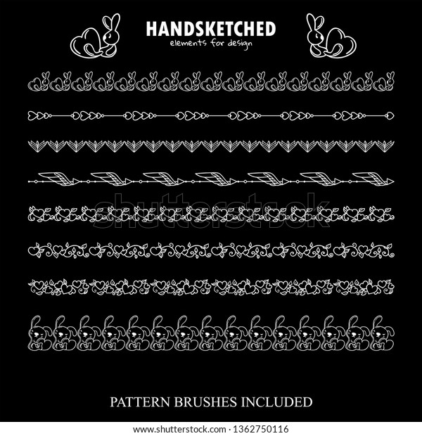 Vector set of brushes or dividers in vintage style.\
Bunny, arrows, hearts, tulip, flowers, leaves, cute elements in\
Valentine’s day symbols. Black and white chalkboard art. Brushes\
included, set 1