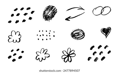 Un ensemble  Image vectorielle de pinceaux,  éléments dessinés à la craie de cire noire.