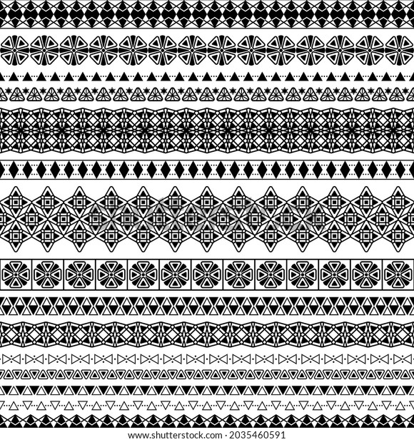 Vector set of brushes made of triangular\
geometric elements. Simple modern seamless borders from geometric\
patterns for border design, frieze, ribbon, braid, band,\
certificate, print on paper,\
textile