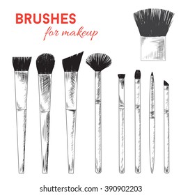 vector set of brushes for makeup. black and white drawing on white background.