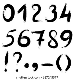 Vector set brushes numbers. Set of calligraphic acrylic or ink numbers. Black handwritten numbers isolated on white background. ABC brush lettering. Watercolor 0-9 numbers.