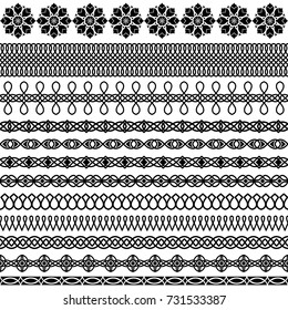 Vector set brushes in traditional Oriental style to create frames, borders and boarders. Linear, stylized floral elements, East elegant ornament for decoration and design textiles, invitations, cards