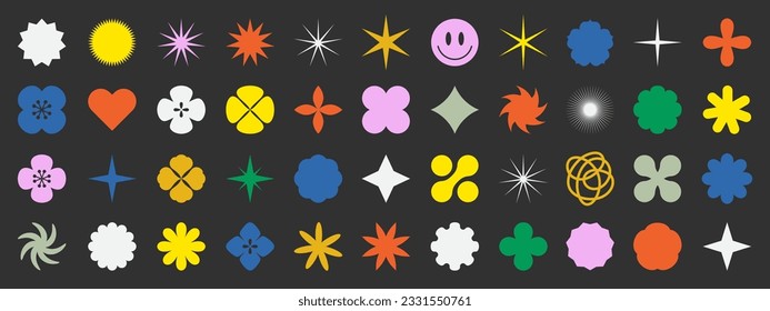 Vector set of brutalism shapes isolated on black background. Minimalist geometric elements, simple star, flower shapes. Abstract bauhaus forms. Simple basic form, trendy modern graphic element