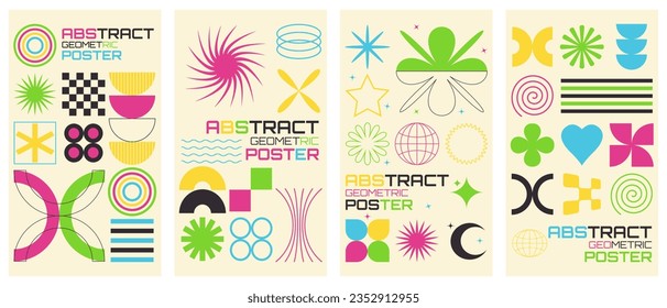 Vector set of brutalism vertical poster. Geometric abstract backgrounds. Brutal trendy y2k placard design template