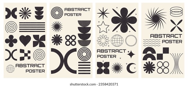 Vector set of brutalism vertical poster. Geometric abstract backgrounds with grainy texture.Vector illustration
