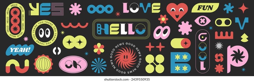 Vector set of brutalist abstract geometric shapes, figures or face. Retro simple form, modern graphic element. Brutalism aesthetic stickers, brutal contemporary symbols with groovy circle, heart, eyes