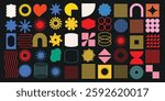 A vector set of brutalist geometric shapes, featuring trendy abstract minimalist figures such as stars, flowers, and circles. Modern abstract