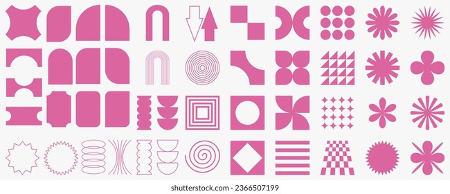 Vector set of brutalist geometric shapes. Trendy abstract minimalist figures, stars, flowers, circles. Modern abstract graphic design elements. Vector