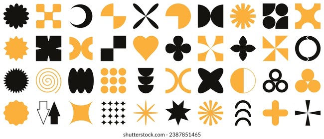 Vector set of brutalist geometric shapes. Trendy abstract minimalist figures, stars, flowers, circles. Modern abstract graphic design elements. Vector
