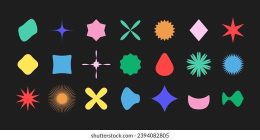  Vector set of brutalist geometric shapes on dark background. Trendy abstract minimalist figures, stars, flowes, circles. Modern abstract graphic design elements.Vector illustration.