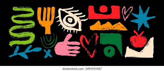 Vector set of brutalist geometric shapes. Trendy abstract minimalist figures, stars, leaves, circles, heart, hand. Modern abstract graphic design elements.