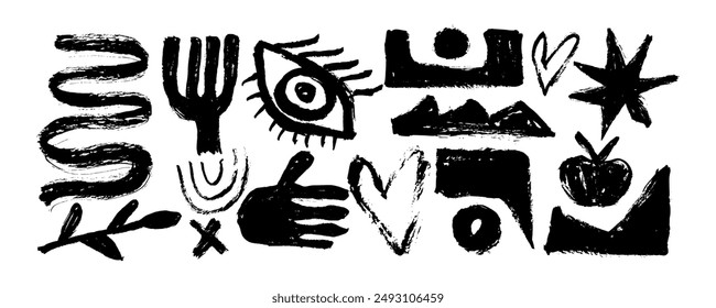 Vector set of brutalist geometric shapes. Trendy abstract minimalist figures, stars, leaves, circles, heart, hand. Modern abstract graphic design elements.