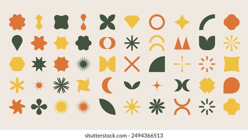 Vector set of brutalist geometric shapes. Trendy abstract minimalist figures, stars, flowers, circles. Modern abstract graphic design elements. Memphis figures, modern swiss