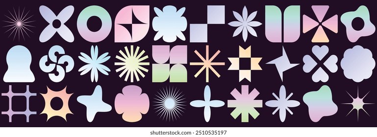 Vector set of brutalist geometric shapes. gradient Trendy abstract minimalist figures, stars, flowers, and circles. Modern abstract graphic design elements.