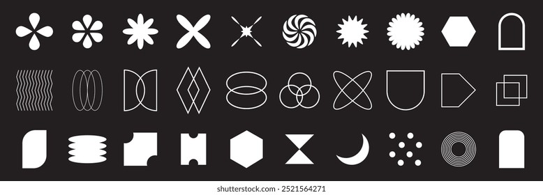 Vector set of brutalist geometric shapes. Trendy abstract minimalist figures, stars, flowers, circles. Modern abstract graphic design elements. Vector