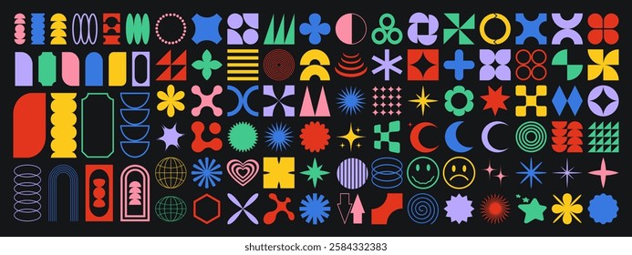 Vector set of brutalist geometric shapes. Trendy abstract minimalist figures, stars, flowers, circles. Modern abstract graphic design elements.