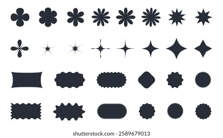 Vector set of brutalist geometric shapes. Trendy abstract minimalist figures, stars, flowers, circles. Modern abstract graphic design elements.