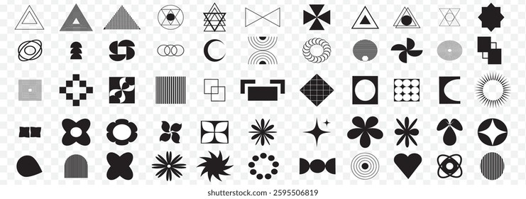 Vector set of Brutalist Geometric shapes. Trendy abstract minimalist figures, stars, flowers, circles and variety. Modern abstract graphic design elements. Vector illustration. Swiss design Aesthetic.