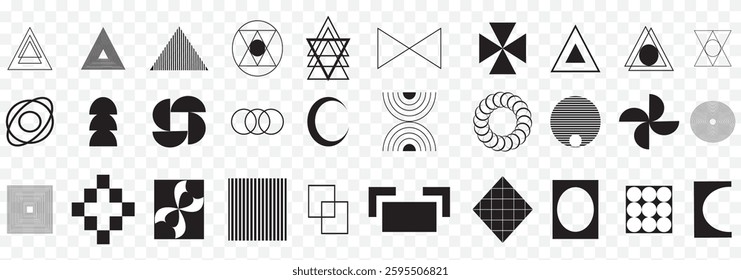 Vector set of Brutalist Geometric shapes. Trendy abstract minimalist figures, stars, flowers, circles and variety. Modern abstract graphic design elements. Vector illustration. Swiss design Aesthetic.