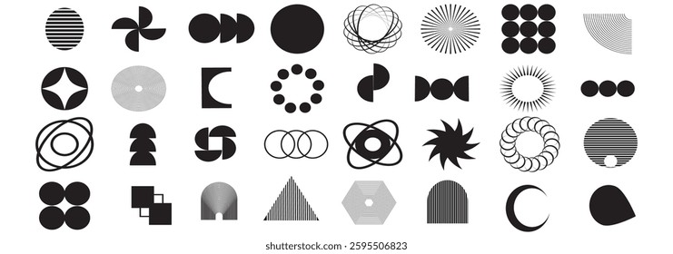 Vector set of Brutalist Geometric shapes. Trendy abstract minimalist figures, stars, flowers, circles and variety. Modern abstract graphic design elements. Vector illustration. Swiss design Aesthetic.