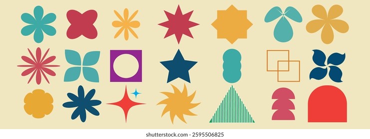 Vector set of Brutalist Geometric shapes. Trendy abstract minimalist figures, stars, flowers, circles and variety. Modern abstract graphic design elements. Vector illustration. Swiss design Aesthetic.