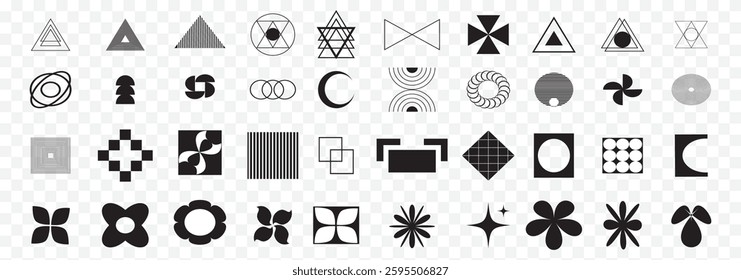 Vector set of Brutalist Geometric shapes. Trendy abstract minimalist figures, stars, flowers, circles and variety. Modern abstract graphic design elements. Vector illustration. Swiss design Aesthetic.