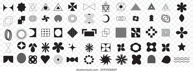 Vector set of Brutalist Geometric shapes. Trendy abstract minimalist figures, stars, flowers, circles and variety. Modern abstract graphic design elements. Vector illustration. Swiss design Aesthetic.