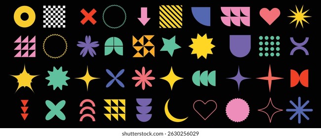 Vector set of brutalist geometric shapes. Trendy abstract minimalist figures, stars, flowers, circles. Set of geometric brutalism shapes.Abstract geometric brutalist elements vector