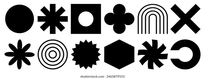 Vector conjunto de Formas geométricas brutalistas. Elementos geométricos minimalistas, formas abstractas de bauhaus. Forma simple de la estrella y de la flor, forma básica, sistema moderno del Vector del elemento gráfico.