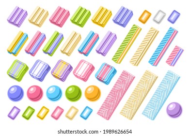 Vector set of Bubble Gums, collection of cut out illustrations of assorted bubblegums, set of circle chewing candies and many colorful bubble gums on white background.