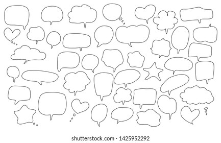 Vector set of bubble speech, thought, chat, dialogue, communication, conversation, opinion, clouds, balloon, boom, wow, exclamation symbol with hand draw doodle. Cute collection for your project