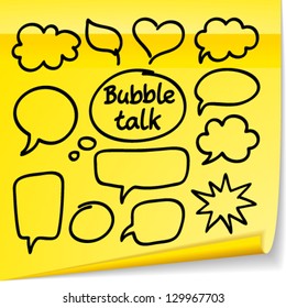 Vector set with bubble talk. Marker drawing on yellow sticker
