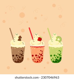 Vector set of bubble tea, chocolate, strawberry and kiwi taste in plastic cup witn straw.