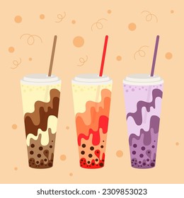 Vector set of bubble tea, chocolate, strawberry and blueberry taste with cream in plastic cup witn cap and straw.