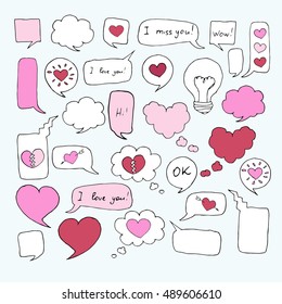 Vector Set of Bubbles. Handdrawn thinking bubles with love. 