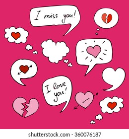 Vector Set of Bubbles. Happy Valentines Day. Handdrawn thinking bubles for  Valentines Day.  Handdrawn speech bubles for Valentines Day. 