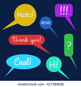 Vector set of bubbles on black background, doodle bubbles with text hi, hello, thank you